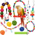 Complete colorful parrot toy set including wood swings, bells, and rattan balls for birds - 12-Piece Set (Style 1)