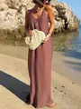 Casual solid brown linen sleeveless V-neck slip maxi dress for women beach holiday - S / Dresses / Tan