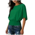 Elegant green round neck short sleeve blouse with smocked waist detail for women - S / Top (25155#) / Green