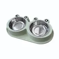 Frog-shaped pet double bowl with stainless steel inserts in light green finish - With Stainless Steel Bowl / S / Light Green