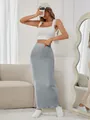 Macro view of the grey ribbed knit fabric on this elegant high waisted midi skirt - XS / Bottoms / Light Gray