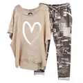 Casual two-piece set for women featuring heart print top and camouflage patch pants - 3XL / Top And Bottom / Apricot Big Heart Print (134105 Element 40)