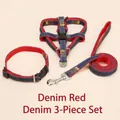 Durable denim and red three-piece set including pet harness collar and leash for dogs - S / Three-Piece Set / 1.0cm x 120cm / Red