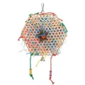 Hexagonal bamboo woven parrot chewing toy with colorful paper shreds and bell detail - 20x25cm