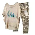 Stylish two-piece women's set featuring a feather print tee and camouflage pants. - 3XL / Top And Bottom - Element 13 (134105) / Apricot