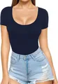 Macro view of a women's navy blue low scoop neck short sleeve slim fit bodysuit - Dark Blue
