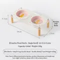 Elevated flower ceramic pet bowl set with transparent acrylic stand and wooden legs for cats - Double Stand / Pink