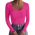 Stylish women's hot pink ribbed long sleeve t-shirt with scoop neck and slim fit design - Rose Red