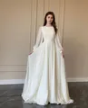 Elegant long sleeve white wedding dress featuring lantern sleeves and pleated bodice detail - S / Dresses / White