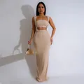 Sexy beige two-piece set featuring a tube top and bodycon maxi skirt with white trim. - XL / Top And Bottom / Apricot