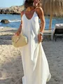 Elegant solid white spaghetti strap loose backless maxi dress for summer beach vacations - S / Dresses / White