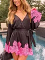 Elegant black satin mini dress with vibrant pink lace trim and belted waist feature - S / Dresses / Black