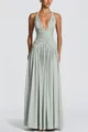Full view of elegant sage green deep V halter maxi dress with ruched waist detail - S / Dresses / Sage Green