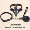 Durable 3-piece denim pet harness and leash set in black for small to medium dogs - S / Three-Piece Set / 1.0cm x 120cm / Black
