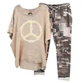 Fashionable women's two-piece set featuring a daisy peace sign t-shirt and camo pants - 3XL / Top And Bottom / Apricot Daisy Peace Sign Print (134105 Element 42)
