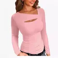 Slim fit pink long sleeve T-shirt with unique irregular cutout neckline design - S / Tops / Pink