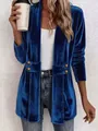 Detail view of a women's royal blue velvet cardigan with double-breasted gold button accents - S / Tops / Sapphire Blue