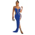 Detailed view of a sexy blue evening dress with elegant rhinestones and mesh cut-outs - S / Dresses / Blue