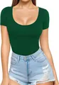 Detail shot of the deep scoop neckline on a dark green slim-fit short sleeve T-shirt. - Dark Green