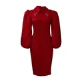 Detail view of a red bodycon pencil dress with pearl collar and sheer puff sleeves. - S / Dresses / Red
