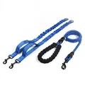 Reflective blue double dog leash set with elastic bungee couplers and padded foam handle - Dual Leash Set / Blue