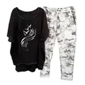 Casual two-piece set featuring a black bird print top and grey camouflage pants for women - 3XL / Top And Bottom / Black Feather Birds