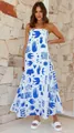 Elegant strapless white maxi dress with bold blue graphic prints perfect for summer vacation - S / Dresses / Blue
