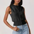 Chic sleeveless black knitted vest for women with front buttons and ribbed hem. - S / Tops / Black