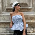 Chic light blue strapless tube top with cinched waist and puffy hem for summer fashion - S / Tops / Blue