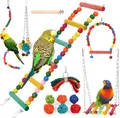 Comprehensive colorful parrot toy set with wooden ladder, swings, and chew balls for cages - 13-Piece Set (Style 1)