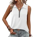 Canotta casual in maglia bianca senza maniche con scollo a V a zip e colletto a risvolto. - Taglia S / Top / Bianco