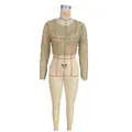 Sheer gold mesh long-sleeve crop top with intricate beaded lattice design on a mannequin. - S / Tops / Gold