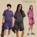Oversized American retro gradient washed cotton t-shirt and shorts set for men and women - S / Set / Multicolor