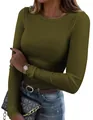 T-shirt ajusté à manches longues vert olive pour femme avec design à texture côtelée - S / Hauts / Vert Militaire