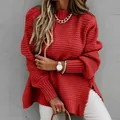 Cozy women's oversized red chunky knit long sleeve pullover sweater for autumn and winter - S / Tops / Red