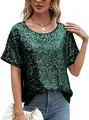 Détail d'un haut scintillant à paillettes vert émeraude et manches courtes pour femme - S / Hauts / Vert