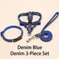 Blue denim dog harness, collar, and leash 3-piece set with yellow stitching detail. - S / Three-Piece Set / 1.0cm x 120cm / Blue