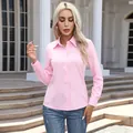 Elegant light pink long sleeve button-down blouse for women in a professional tailored fit style. - S / Tops / Pink