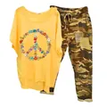 Women's yellow t-shirt with floral peace sign and camouflage pants casual set - 3XL / Top And Bottom / Yellow Floral Peace Sign Print (134105 Element 41)