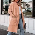 Eleganter langer lachsfarbener offener Cardigan mit Taschen für Damen für den Herbst - XL / Oberteile / Rosa