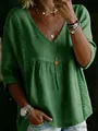 Elegante dunkelgrüne V-Ausschnitt Bluse mit Spitzenbesatz und 3/4 Ärmeln für Damen - Grün