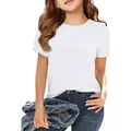 Close-up of a white short-sleeved ribbed t-shirt for girls showing fabric texture - S / Tops / White