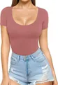 Close-up of women's mauve scoop neck short sleeve slim fit bodysuit tucked in denim shorts - Rouge Red