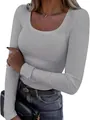 Maglietta a maniche lunghe da donna in maglia a costine grigie con scollatura a girocollo - Taglia S / Top / Grigio chiaro