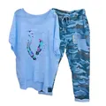 Women's 2-piece leisure set with feather print tee and camo pants - 3XL / Top And Bottom / Blue Colorful Feather