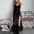 Elegant black see-through lace maxi dress with sexy V-neck and high leg slit detail - S / Dresses / Black