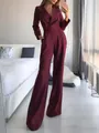 Elegante tuta bordeaux in raso a maniche lunghe con scollo a V e design a gamba larga - Taglia S / Borgogna