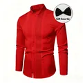 Red men's pleated front formal tuxedo shirt with a complimentary black bow tie - Red