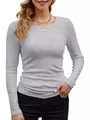 Women's slim fit grey ribbed long sleeve T-shirt featuring a classic round neckline - 2XL / Tops / Mixed Grey