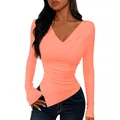 Vibrant coral asymmetrical slim fit long sleeve v-neck top for women's autumn fashion - S / Tops / Peach